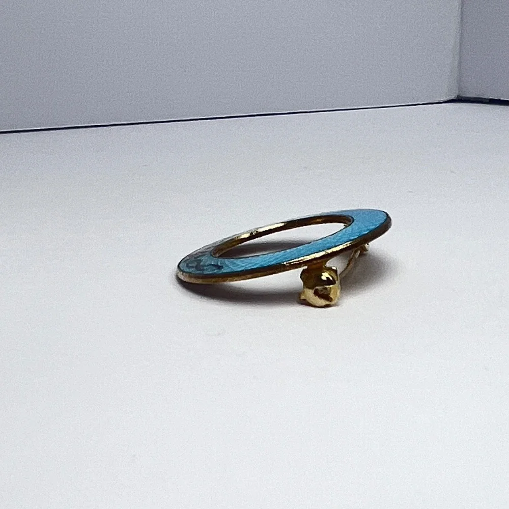 Vintage Guilloché‎ Blue Pink Rose Circle Pin Midcentury Grandma Love Gratitude